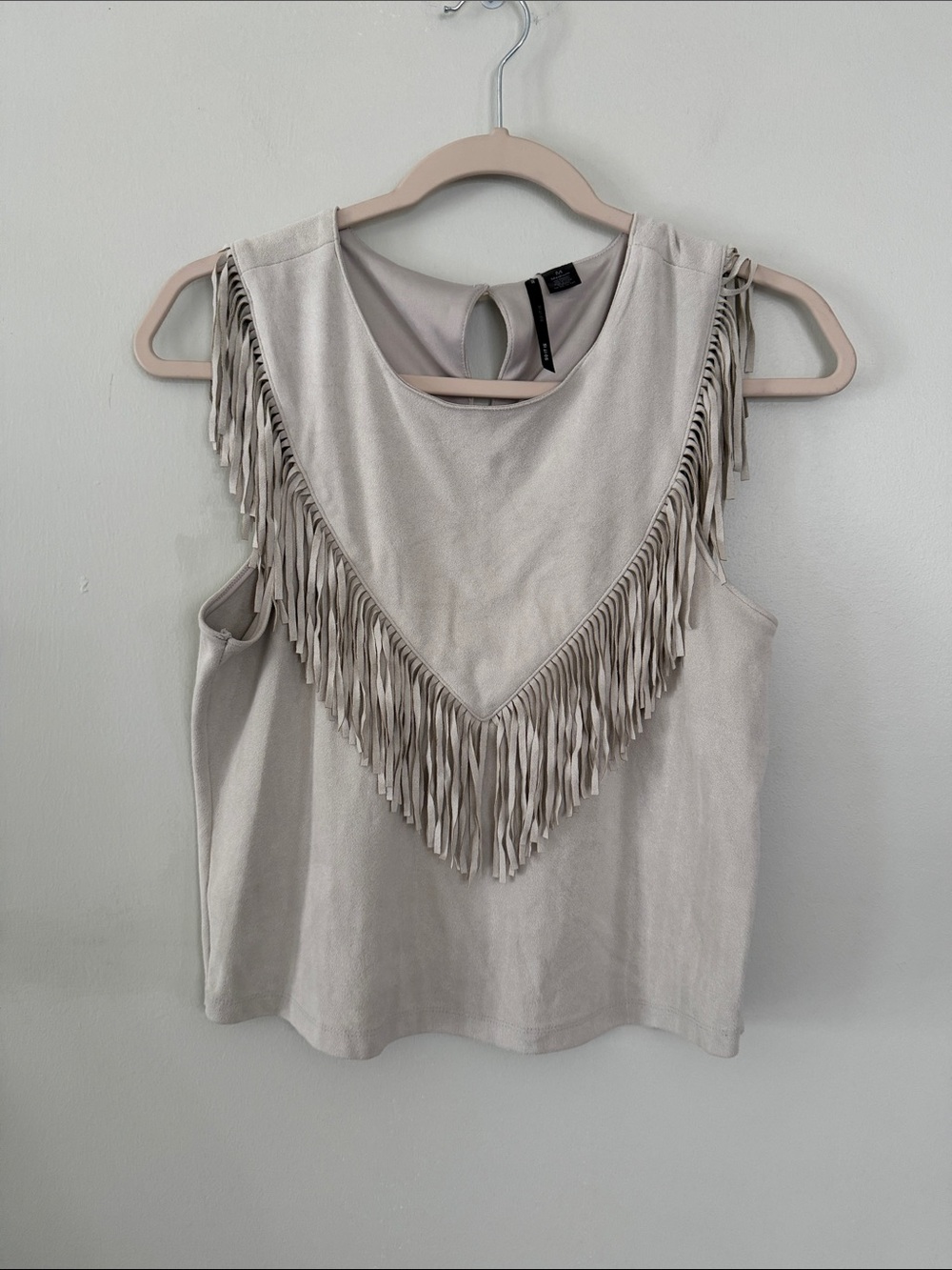Fringe Trim Sleeveless Tank Top - Light Beige